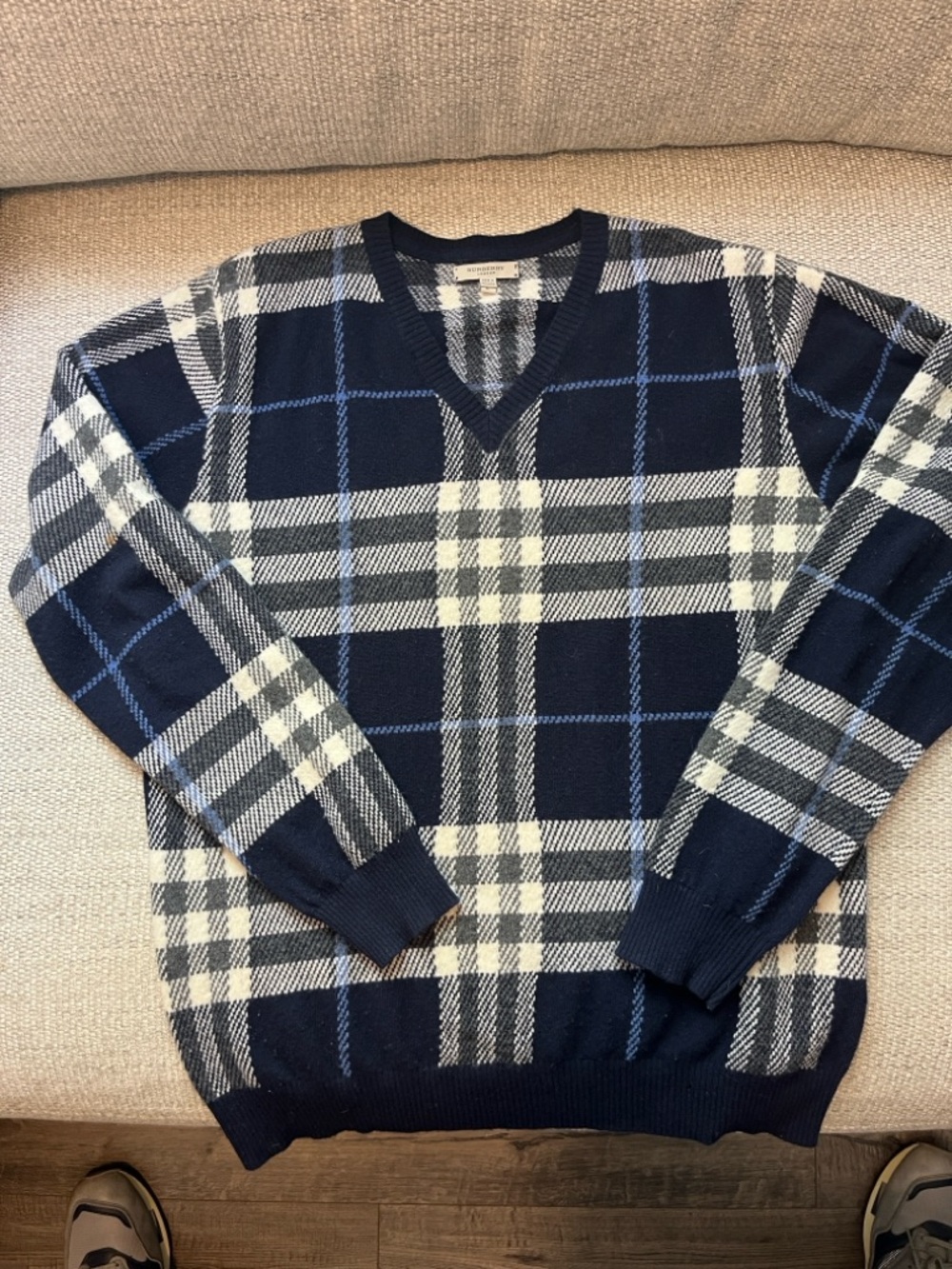 Burberry Navy and White Plaid V-Neck Wool Sweater